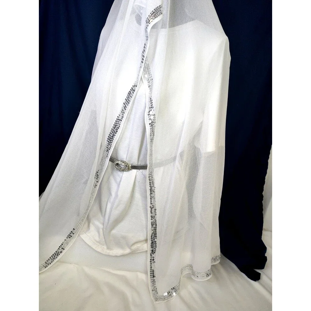 Women's Beaded Evening Trim Chiffon Lightweight Scarf Wrap White Sheer  75